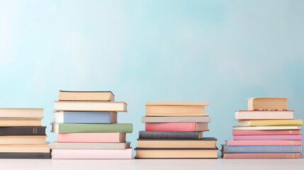Fototapeta premium Many books on a wooden table with copy space. Back to school concept