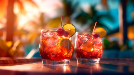 Summer cocktails on luxury tropical beach resort at sunset. Exotic summer drinks cocktails. Youth and summer vacation concept. Party, Vacations, summer holidays, summertime. Generative AI - obrazy, fototapety, plakaty