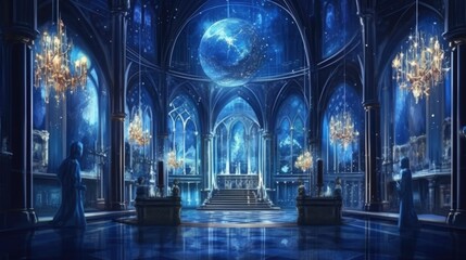 a castle inside an art museum with pillars and crystal chandeliers, in the style of nightcore Generative Ai