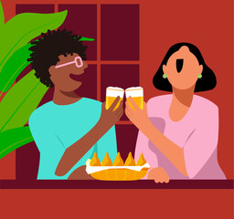 Obraz na płótnie Canvas Celebrating Diversity in Everyday Life - Celebrating Diversity: Multiracial Couple Enjoying Drinks and Snacks by the Window