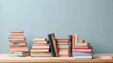 Many books on a wooden table with copy space. Back to school concept