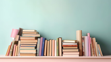 Fototapeta premium Many books on a wooden table with copy space. Back to school concept
