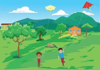 Obraz na płótnie Canvas village children fly kites
