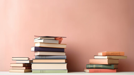 Fototapeta premium Many books on a wooden table with copy space. Back to school concept