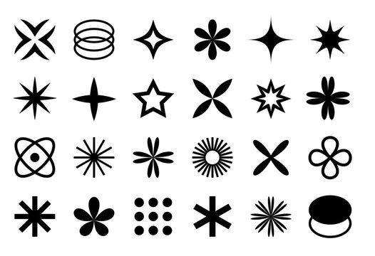 Brutal abstract geometric Y2K figures collection. Vector set of minimalistic black design elements. Contemporary aesthetic basic shapes, stars, crosses and flowers silhouettes. 