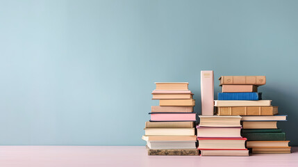 Fototapeta premium Many books on a wooden table with copy space. Back to school concept