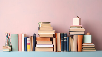 Many books on a wooden table with copy space. Back to school concept