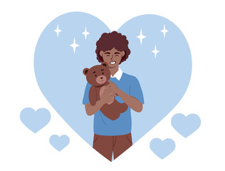 Boy with teddy bear. Cheerful little kid with toy. Adorable child in heart shape. Positive emotions and optimism. Character hug fluffy mascot. Cartoon flat vector illustration