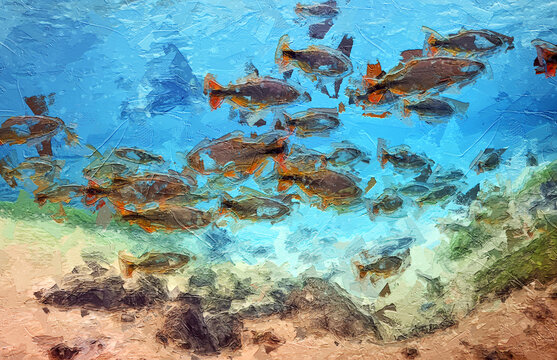 Impressionist Painting Of School Of Orange Tailed Fishes Under Blue Transparent Water In A River, Lake, Or Ocean 