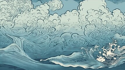 Japanese traditional Ukiyoe depicting rough blue waves Abstract, Elegant and Modern AI-generated illustration