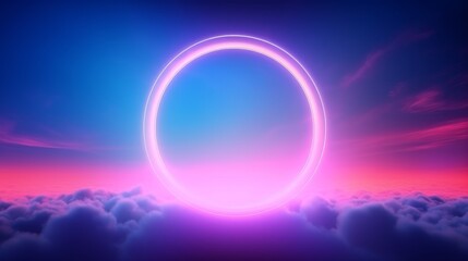 Abstract ring illuminated by neon light on a colorful background with clouds. Generative AI