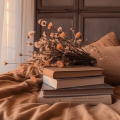 an open book on the bed surrounded by books and flowers Generative Ai