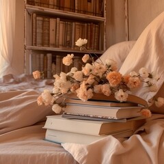 an open book on the bed surrounded by books and flowers Generative Ai