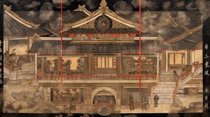 Japanese traditional Ukiyo-e retro atmosphere of an Asian mansion flat Abstract Elegant Modern AI-generated illustration