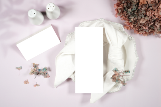 4x9 menu card and place card mockup. Boho lilac theme wedding stationery suite flatlay with shadow photography.