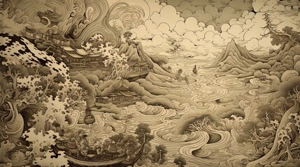 Japanese traditional Ukiyo-e very fine detail drawing with brown and white rough waves Abstract, Elegant and Modern AI-generated illustration