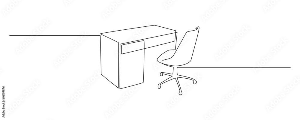 Poster one continuous line drawing of home office interior. modern work desk and chair in simple linear sty