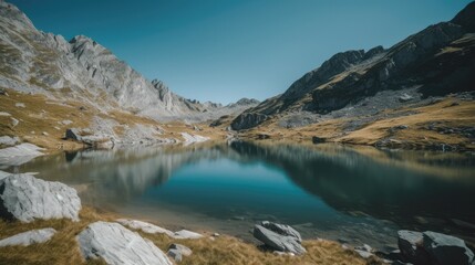 Fototapeta na wymiar mountain lake in the Alps - amazing travel photography - made with Generative AI tools
