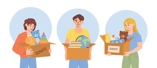 People donate for kids. Man and women with boxes of things. Activists and volunteers donate things to fund. Kindness and generosity. Cartoon flat vector collection isolated on white background