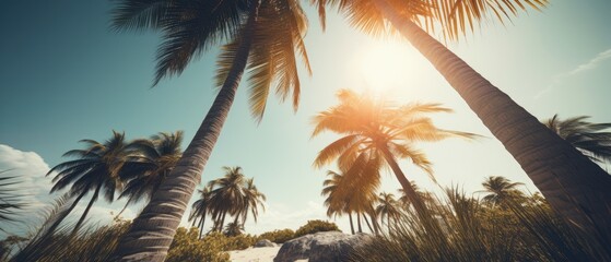 Fototapeta na wymiar Palm trees against a blue sky - amazing travel photography - made with Generative AI tools
