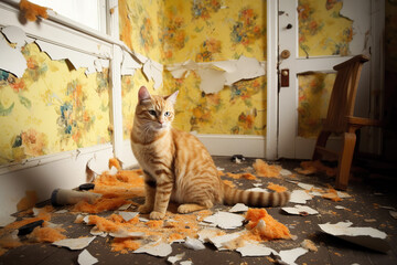 Red cat tore the wallpaper and broke the furniture. Bad behavior by a pet. Generative AI