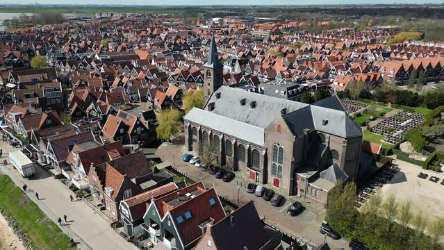 Aerial shot of St Vincentius Church (Sint-Vincentiuskerk), Volendam, Netherlands