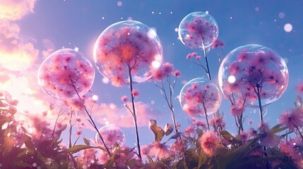 pretty flowers with bubbles on a blue sky Generative Ai