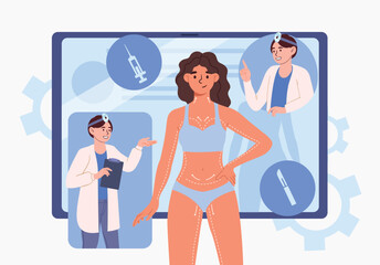 Body surgery girl. Doctors in medical gowns preparing woman for operation to remove fat, liposuction. Change of appearance, skin tightening and plastic surgery. Cartoon flat vector illustration