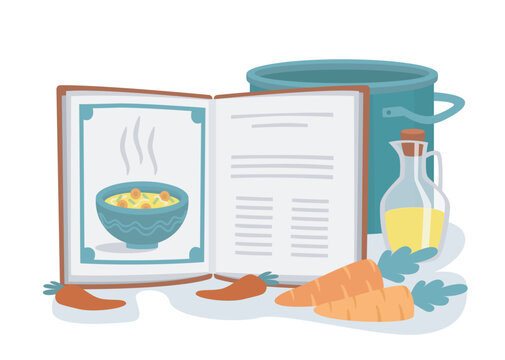 Recipe book concept. List of ingredients for cooking vegetable soup. Carrot next to pot and book. Master class and workshop, cooking lessons, food preparation. Cartoon flat vector illustration