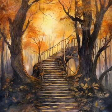 watercolor painting of a steep stair framed by autumn leaves Generative Ai