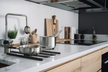 Naklejka na ściany i meble A kitchen counter with pots and pans on it. AI generative image.