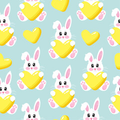 Seamless pattern witn happy cute funny kawaii little bunny with yellow hearts on light blue background