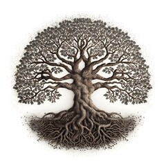 eternal brown tree with branches and roots on white background