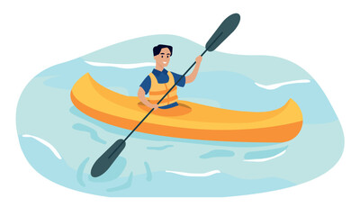 Concept of kayaking. Man swims in lake or river on kayak, canoe. active lifestyle and extreme sport. Athlete or sportsman in competition. Holiday and vacation. Cartoon flat vector illustration