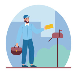 Postman with mail. Man with envelope and briefcase near mailbox. Envelope message delivery worker, courier. Mailing and postal, distance communication, corespondence. Cartoon flat vector illustration
