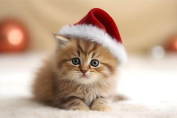 Fototapeta na wymiar Cute tabby kitten wearing santa claus hat portrait studio shot