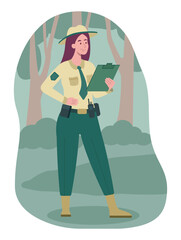 Ranger of reserve. Woman in uniform stands with notebook in forest. Yoiung girl on nature. Publice park security and safety. Guard officer concept. Cartoon flat vector illustration