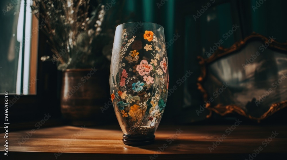 Poster a vase sitting on a table next to a mirror. ai generative image.