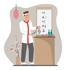 Sushi chef concept. Man in traditional Asian clothing with knife cleans fish. Cook prepare tasty food. Traditional Japanese cuisine. Cafe or catering. Cartoon flat vector illustration
