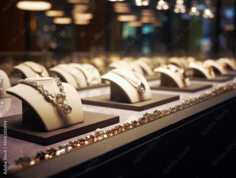 Poster a row of jewelry on display in a store. ai generative image.