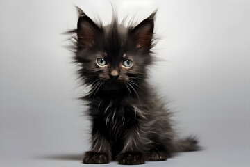 Cute scruffy fluffy black kitten portrait studio shot