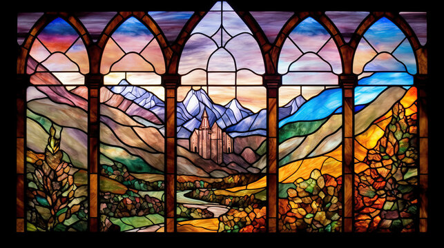 a beautiful stained glass window of a mountain castle. Vibrant colors. Modern design. AI generated image.