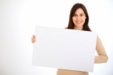 Naklejka premium Beautiful young woman holding a blank board. All on white background.