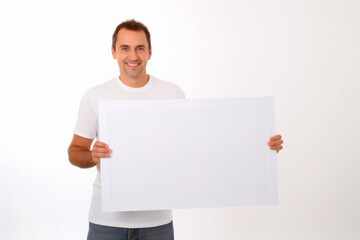 Handsome young man holding a blank sheet of paper, isolated on white background