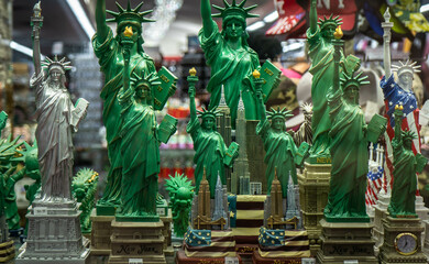 Souvenirs of the Statue of Liberty in a shop window in New York City.