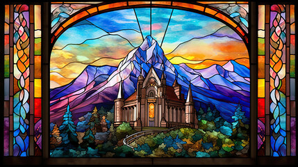 a beautiful stained glass window of a mountain castle. Vibrant colors. Modern design. AI generated image.