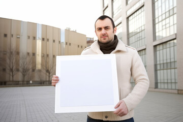 Portrait of a young man holding a white board in the city