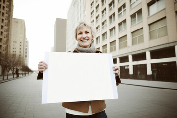 Smiling mature woman holding blank white sheet of paper in the city