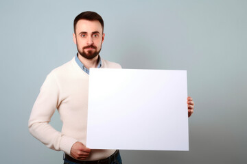 Handsome young man holding a blank sheet of paper on grey background