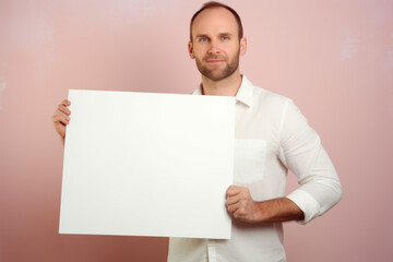 Handsome young man holding a white sheet of paper on a pink background